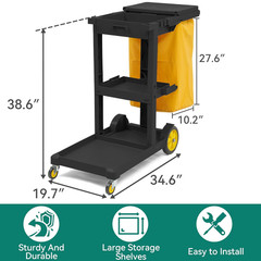 3-Shelf Janitorial Cleaning Cart with 2 Yellow Bags & Gloves – Black