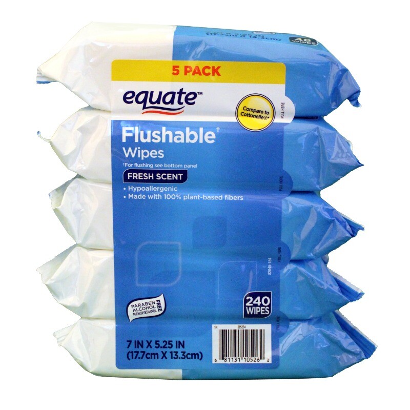 Flushable Wipes, Fresh Scent, 5 packs of 48 wipes, 240 Total Wipes