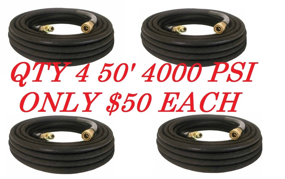 4-Pressure Washer Hose 50′ w/ Couplers – 4000 PSI BLACK Wire Braid FREE SHIPPING