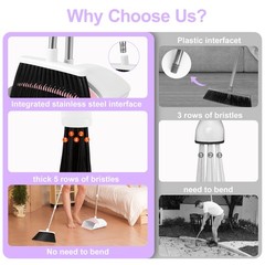 Broom with Dustpan Combo Set for Home, 52-in Long Adjustable White-purple