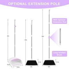 Broom with Dustpan Combo Set for Home, 52-in Long Adjustable White-purple