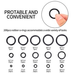 200 Pcs Black Rubber O Ring Assortment Kit 15 Sizes Washer Seal Set