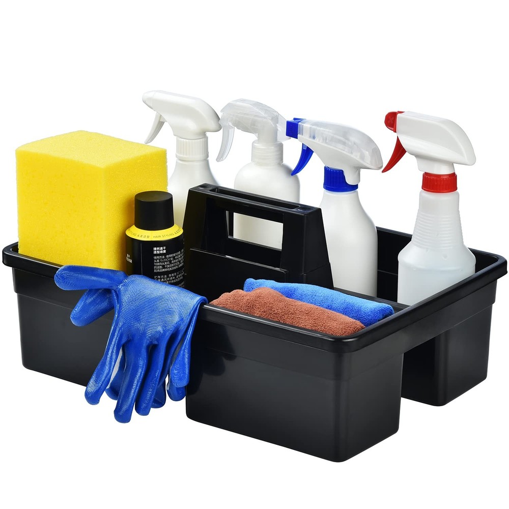 3-Compartment Plastic Cleaning Caddy Basket – Stackable 3 Compartments Black