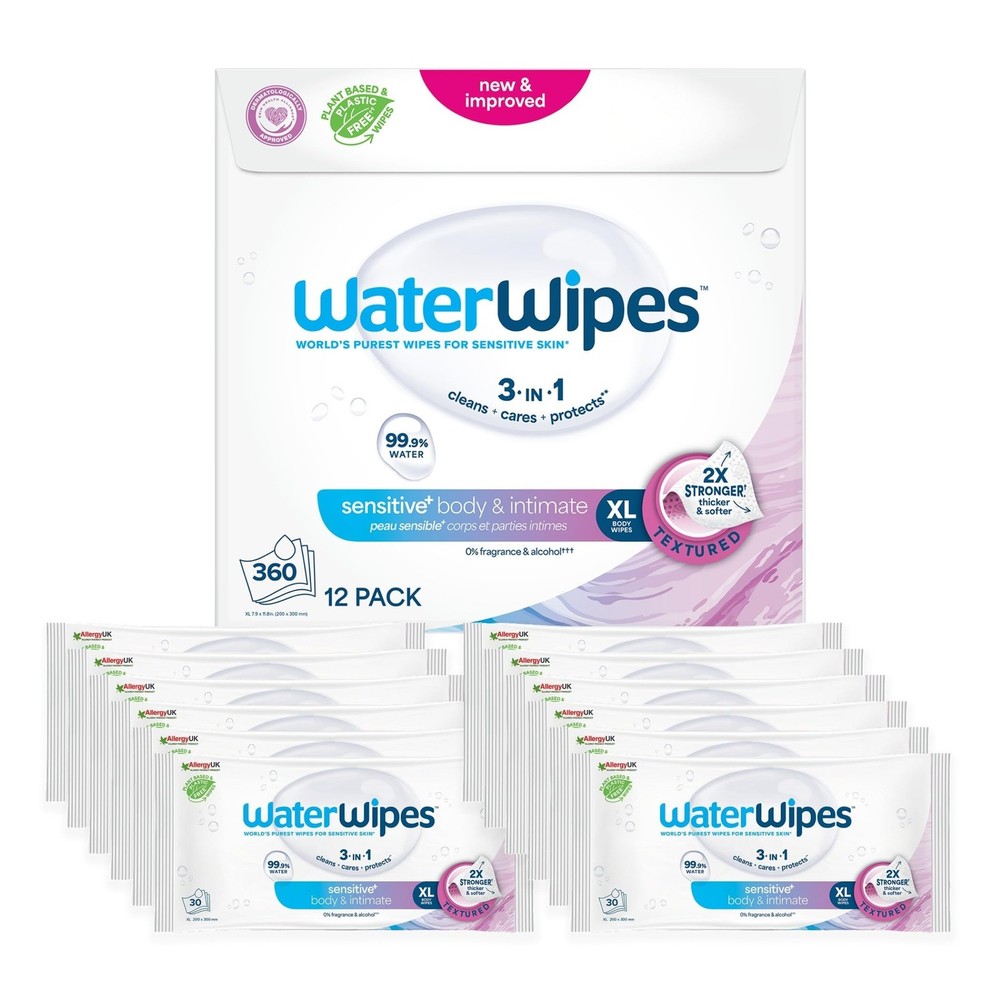 WaterWipes Sensitive+ Body & Intimate Wipes, 30 Count (Pack of 12), white