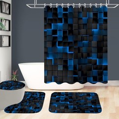 4Pcs Blue Shower Curtain Set 3D Cubes Bathroom Sets Modern Shower Curtain Set