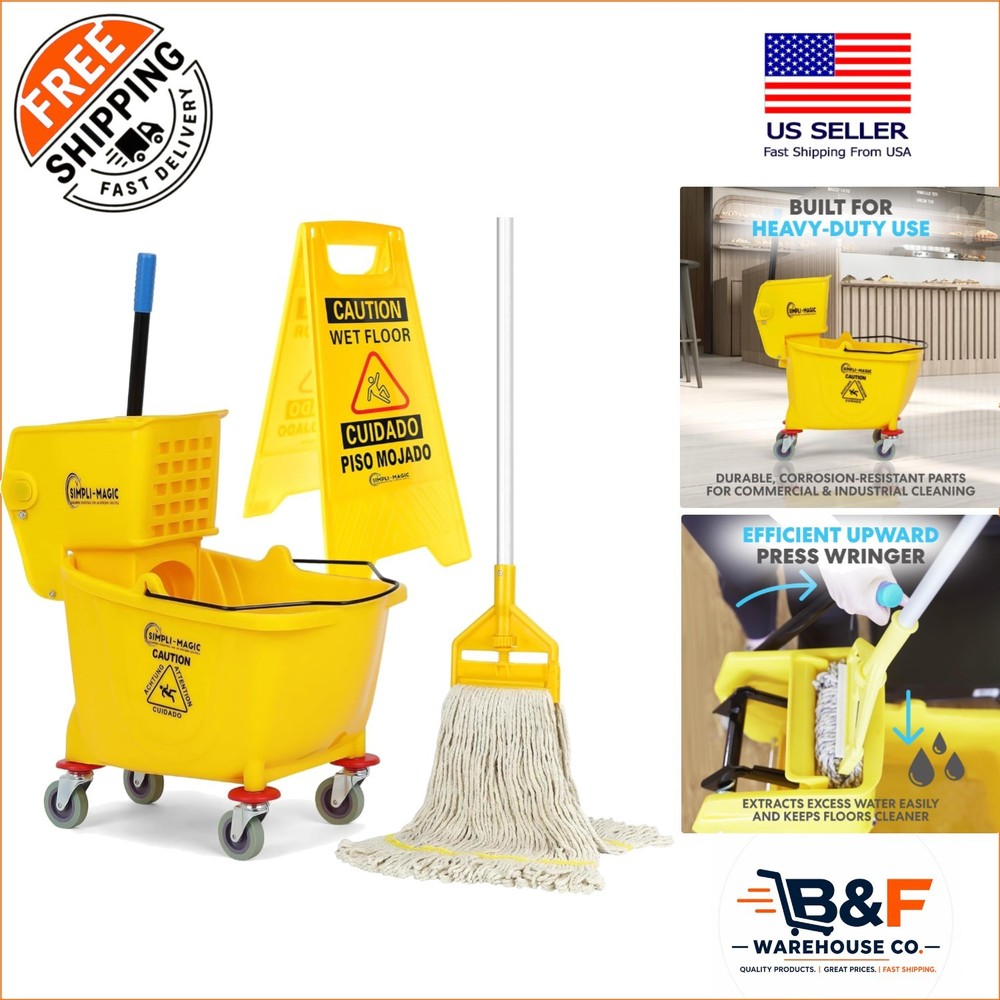 Yellow Mop Bucket Set with Side Press Wringer & Wet Floor Sign – Durable