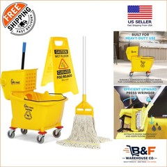 Yellow Mop Bucket Set with Side Press Wringer & Wet Floor Sign – Durable