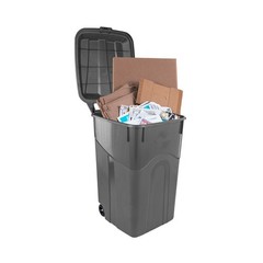 Tough 45 Gallon Wheeled Heavy Duty Plastic Garbage Can, Attached Lid, Black