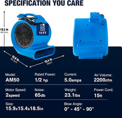 1/2Hp Air Mover Floor Drying Blower Fan – Powerful 1/2HP Motor Carpet Dryer, 220