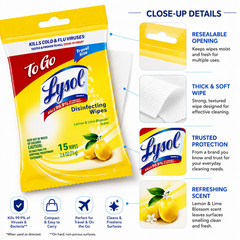 Lysol Disinfecting Wipes To-Go Pack Lemon Scent Travel Size 15 Wipes 3 Pack