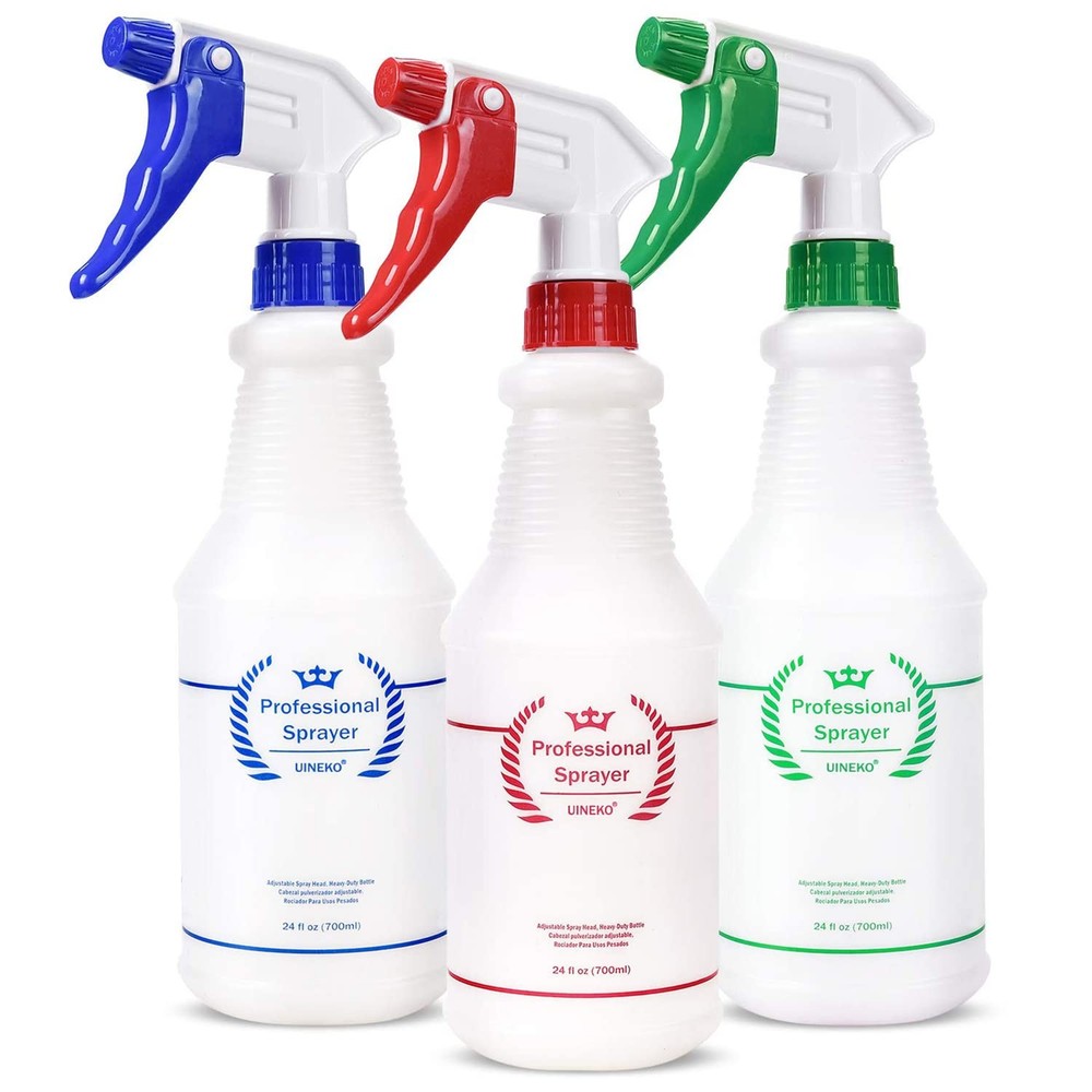 Uineko Plastic Spray Bottle (3 Pack, 24 Oz, 3 24 3 Red, Green, Blue
