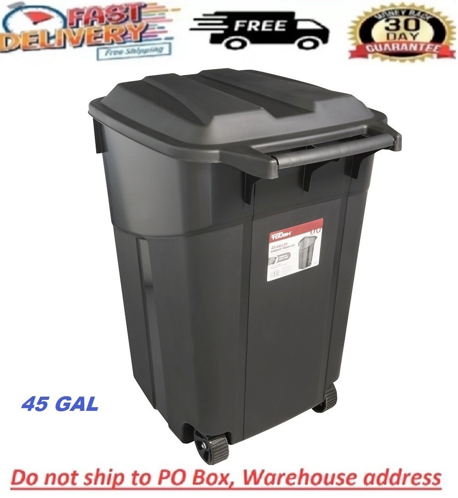 Tough 45 Gallon Wheeled Heavy Duty Plastic Garbage Can, Attached Lid, Black