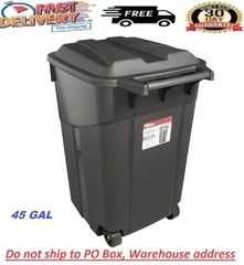 Tough 45 Gallon Wheeled Heavy Duty Plastic Garbage Can, Attached Lid, Black