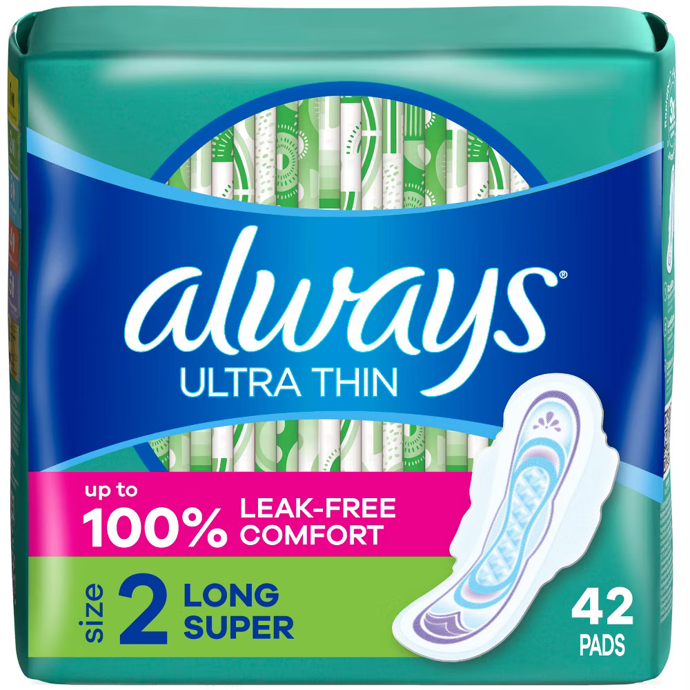 Always Long Absorbency Unscented Ultra Thin Pads with Wings – Size 2 – 42ct