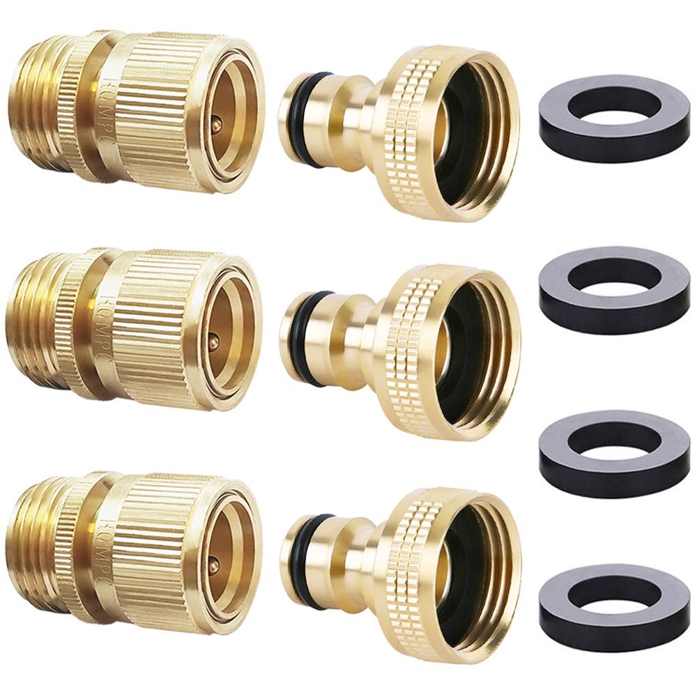 HQMPC Garden Hose Quick Connector Water Connect ¾ 3 Sets, Brass