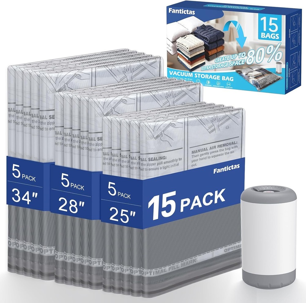 Travel Vacuum Storage Bags with Rechargeable Air Pump, 15 Pack Portable Space