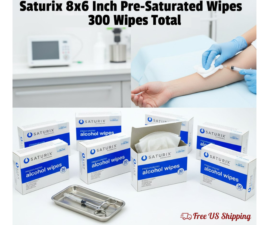 Saturix 8×6 Inch Pre-Saturated Alcohol Wipes 30-Pack Medical Cleaning Set of 10