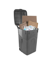 Tough 45 Gallon Wheeled Heavy Duty Plastic Garbage Can, Attached Lid, Black