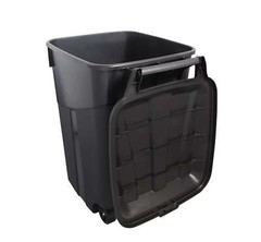 new.Tough 45 Gallon Wheeled Heavy Duty Plastic Garbage Can, Attached Lid, Black