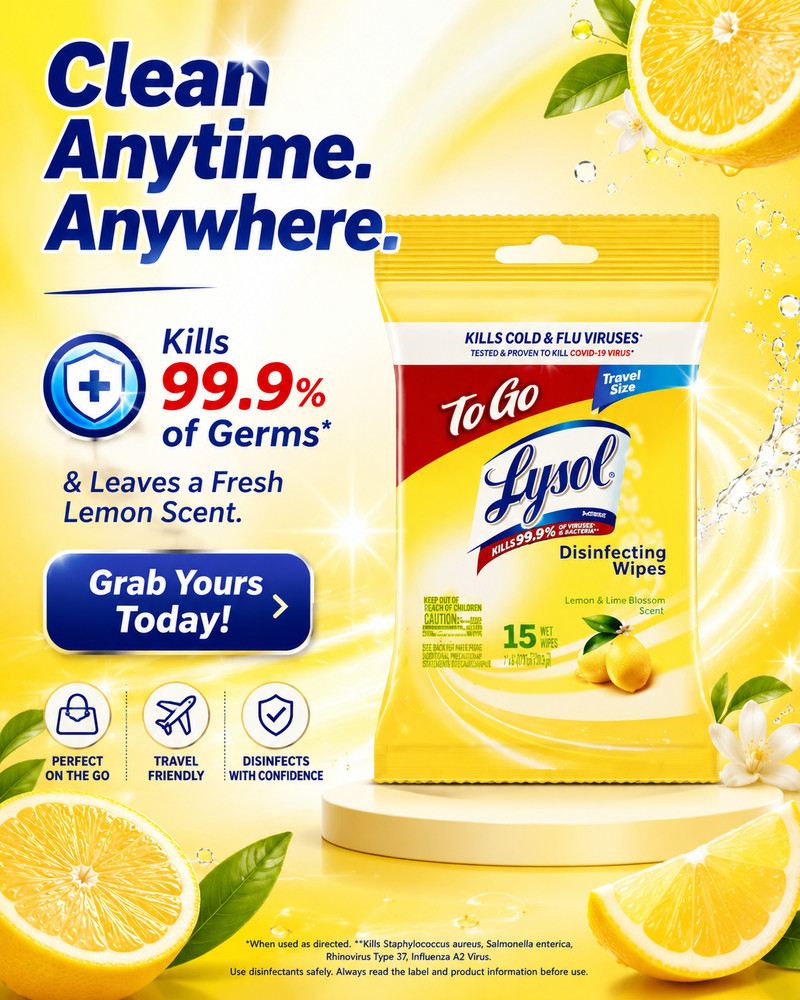 Lysol To Go Disinfecting Wipes Lemon Lime Scent, 15 Ct. Pack of 6 (FREE SHIPP)