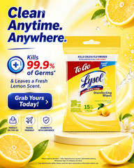 Lysol To Go Disinfecting Wipes Lemon Lime Scent, 15 Ct. Pack of 6 (FREE SHIPP)