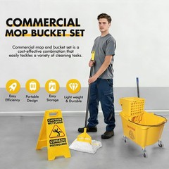 Commercial Mop Bucket with Side Press Wringer, Including Wet Floor Caution Sign