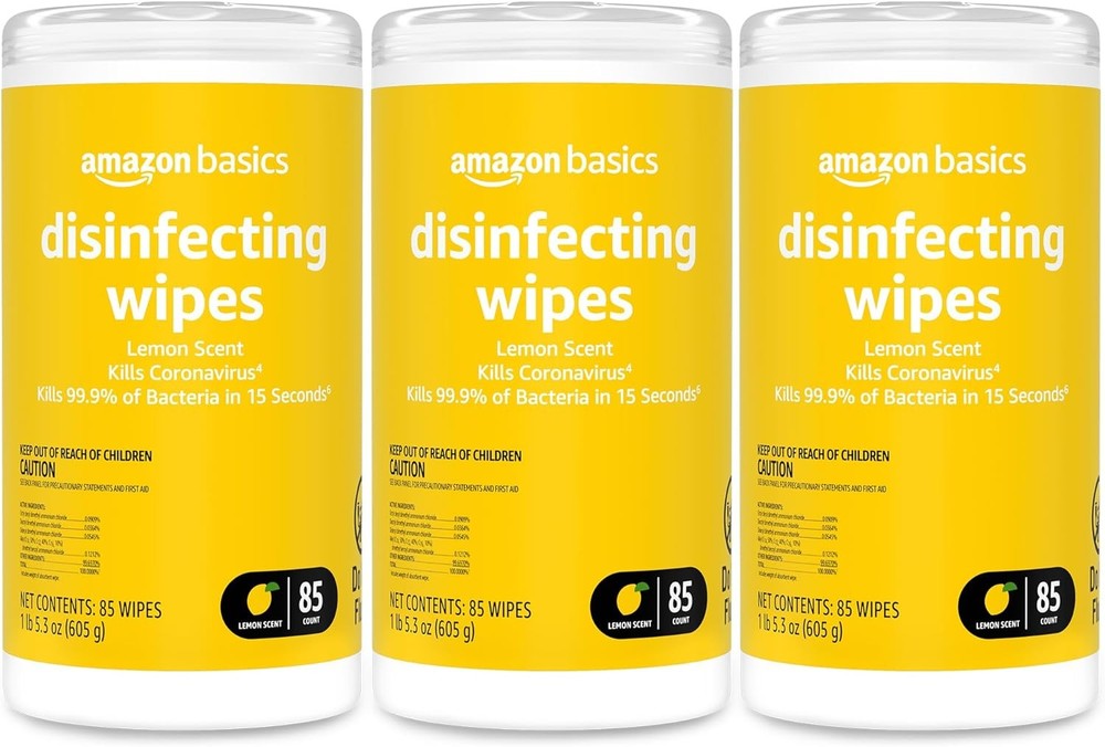 Amazon Basics Disinfecting Wipes, Lemon Scent, 255 Count (3 Packs of 85)