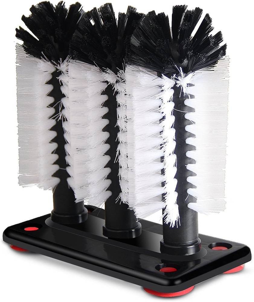 Glass Washer Brush Cleaner – 3 Brushes per Base Medium, White, Black