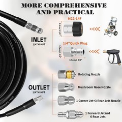Sewer Jetter Kit for Pressure Washer, 100FT Drain 100FT, Black -100FT hose