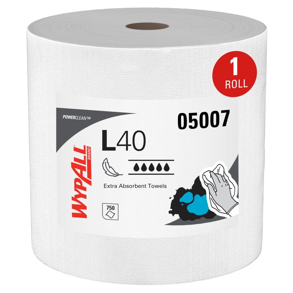 WypAll® PowerClean™ L40 Extra Absorbent Towels, Jumbo Roll (750/Roll), 05007