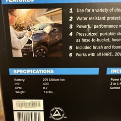 HART 20V Cordless 400 PSI Pressure Washer Power Cleaner (Tool only), NEW