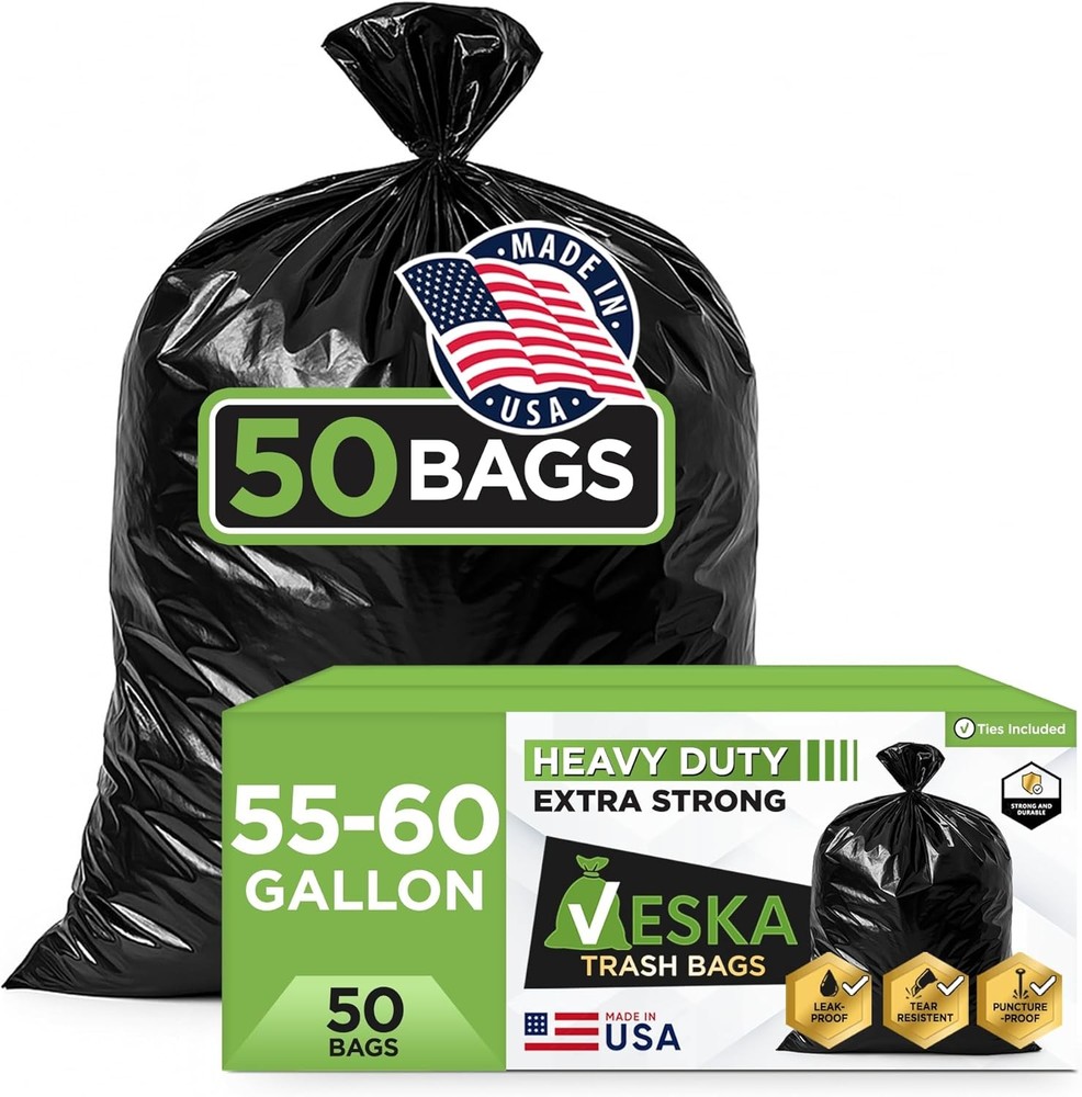 Veska 55 Gallon Trash Bags Heavy Duty, (Value-Pack 50 Count w/Ties) 55-60 Gallon