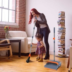 kelamayi Upgrade Broom and Dustpan Set, Self-Cleaning with Gray&orange