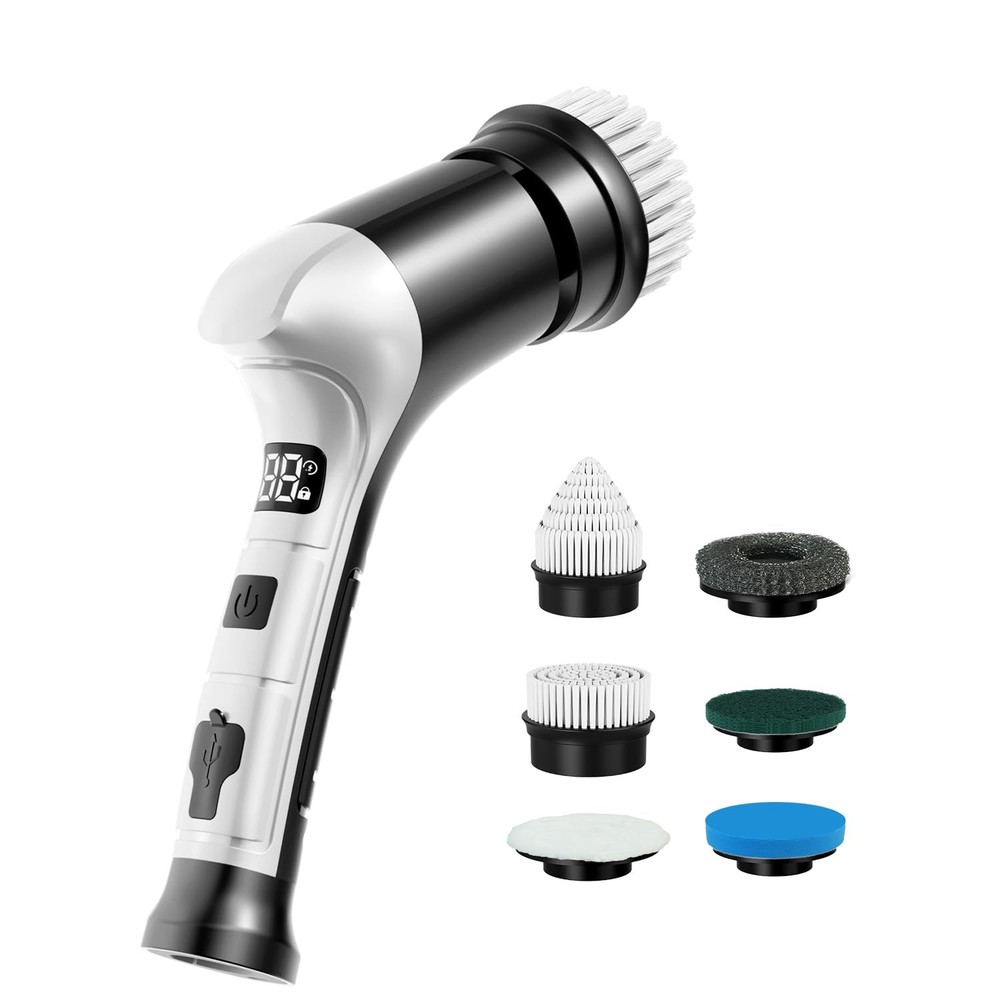 Electric Spin Scrubber, Cordless Household Cleaning Brush with 6 Black