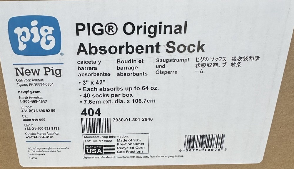 Lot of 10x New PIG 404 Original Absorbent Sock 3″x 42″ Oil Coolant Solvent Water