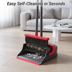 Zeawec Broom with Dustpan Combo Set, Long Handle Upright Standing Red & Gray