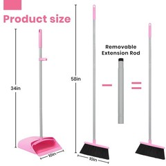 REEWII Pink Broom and Dustpan Set,58” Long Adjustable Handle Small