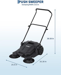 Walk-Behind Hand Push Floor Sweeper, 25.6 in Sweeping Width Manual Non-Electric,
