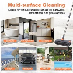 Floor Scrub Brush with 64″ Long Handle – 360° Swivel Heads Household Push B