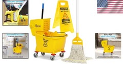 Yellow Mop Bucket Set with Side Press Wringer & Wet Floor Sign – Durable