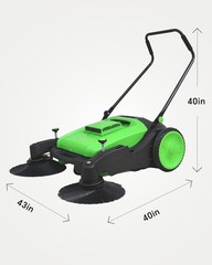 Walk-Behind Hand Push Floor Sweeper 41″ Width 15 Gallon Waste Container Green