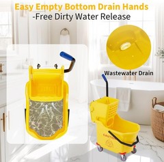 Yellow Commercial Mop Bucket 35 Quart Large with Side Press Wringer and Wheels