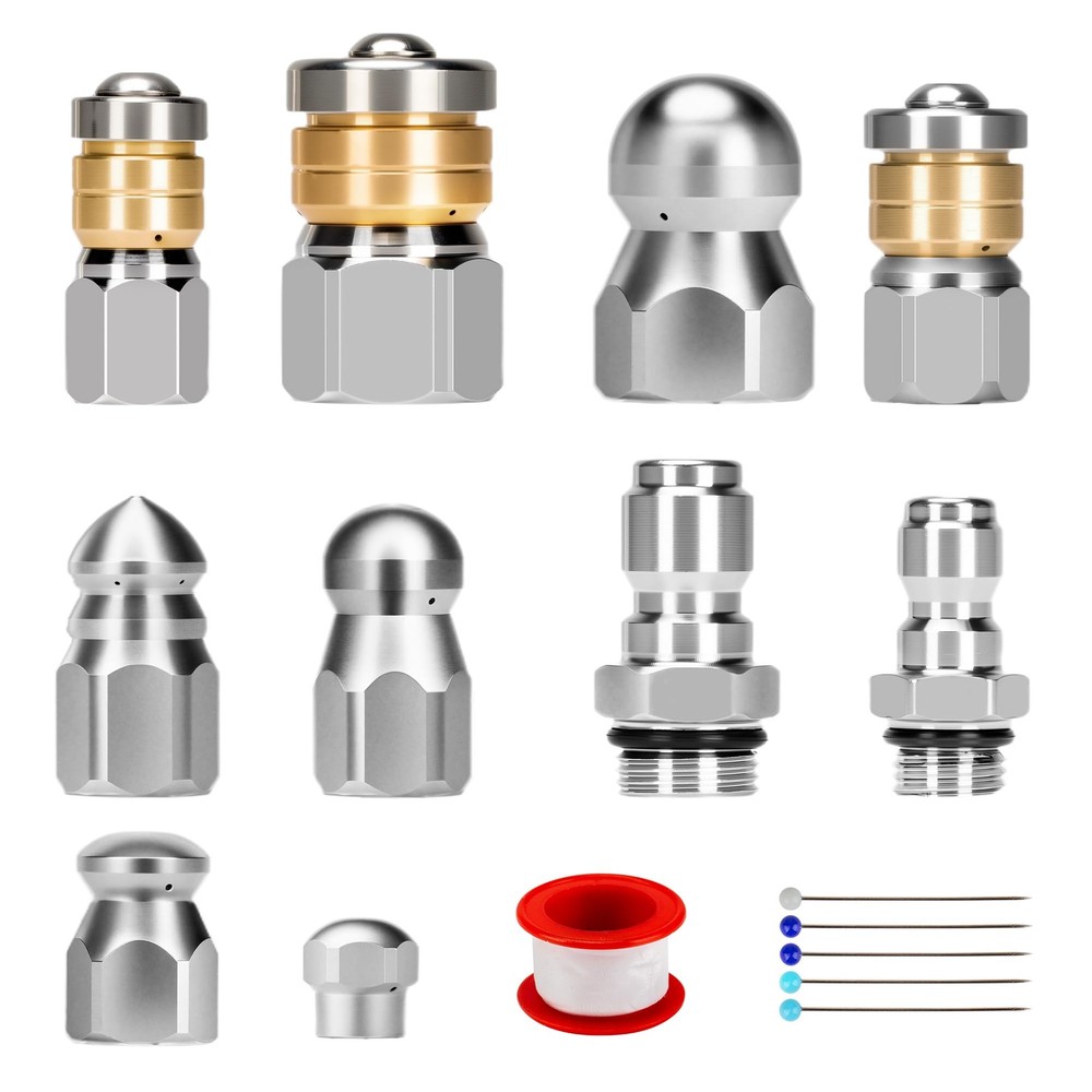 10pcs Sewer Jetter Nozzle Kit Stainless Steel 1/4″ and 3/8″, Silver