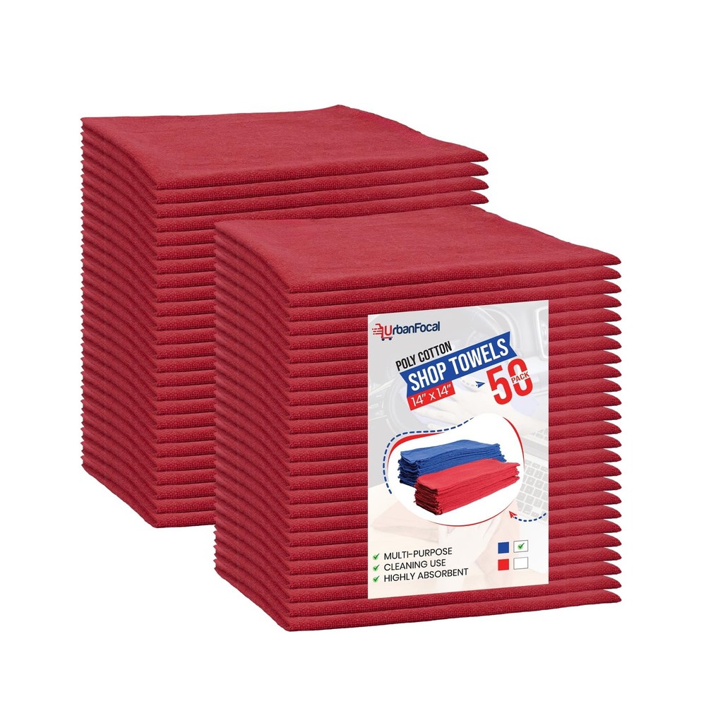 Shop Towels Polycotton Cleaning Cloth 50 Pack – Red Reusable Kitchen Towels C…