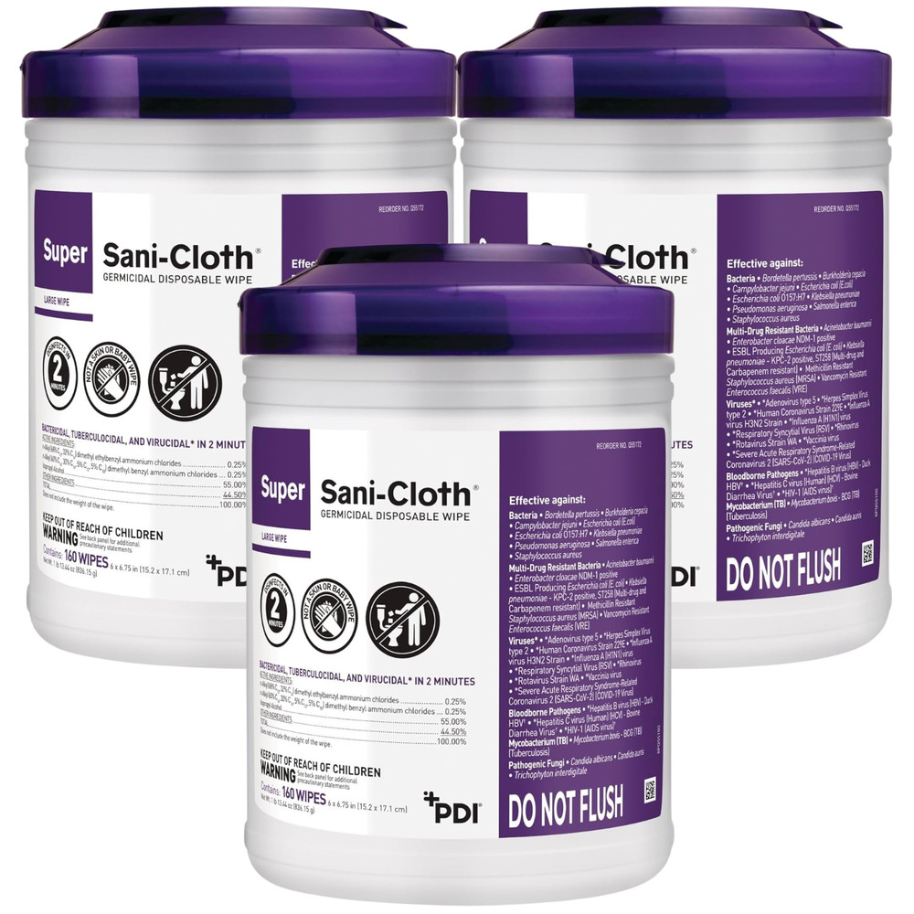 Super Sani-Cloth Germicidal Disposable Wipes Disinfecting 6″x6.75″ 160ct – 3 PK