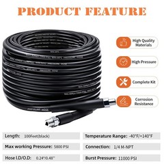 Sewer Jetter Kit for Pressure Washer, 100FT Drain 100FT, Black -100FT hose