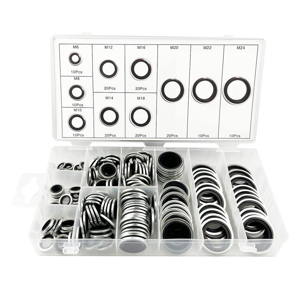 150Pcs Automotive Self-Centered Bonded Seal Gasket 6mm to 24mm, Silver