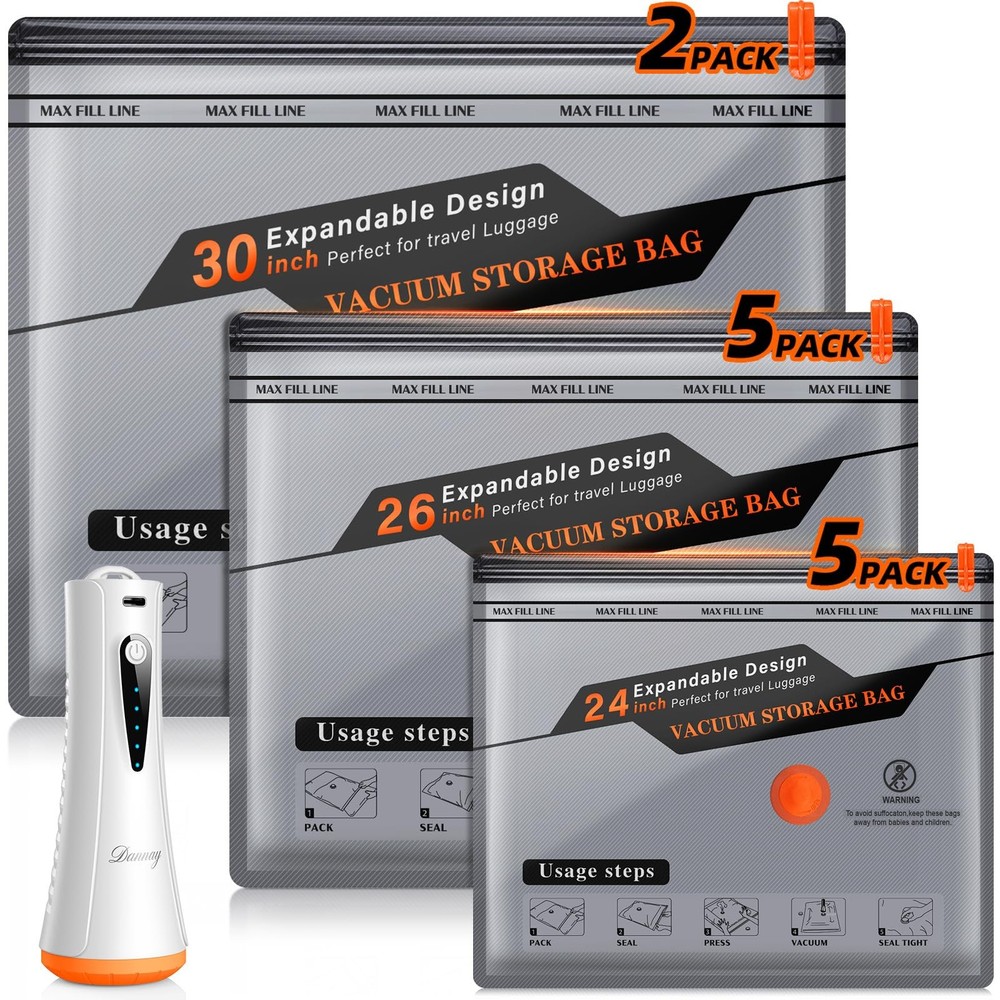 Vacuum Storage Bags for Travel with Rechargeable Air Pump, 12 Pack White