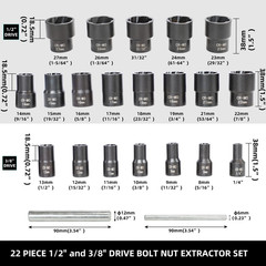22-Piece Bolt & Nut Extractor Set for 1/2″ & 3/8″ Drive Impact Wrenches