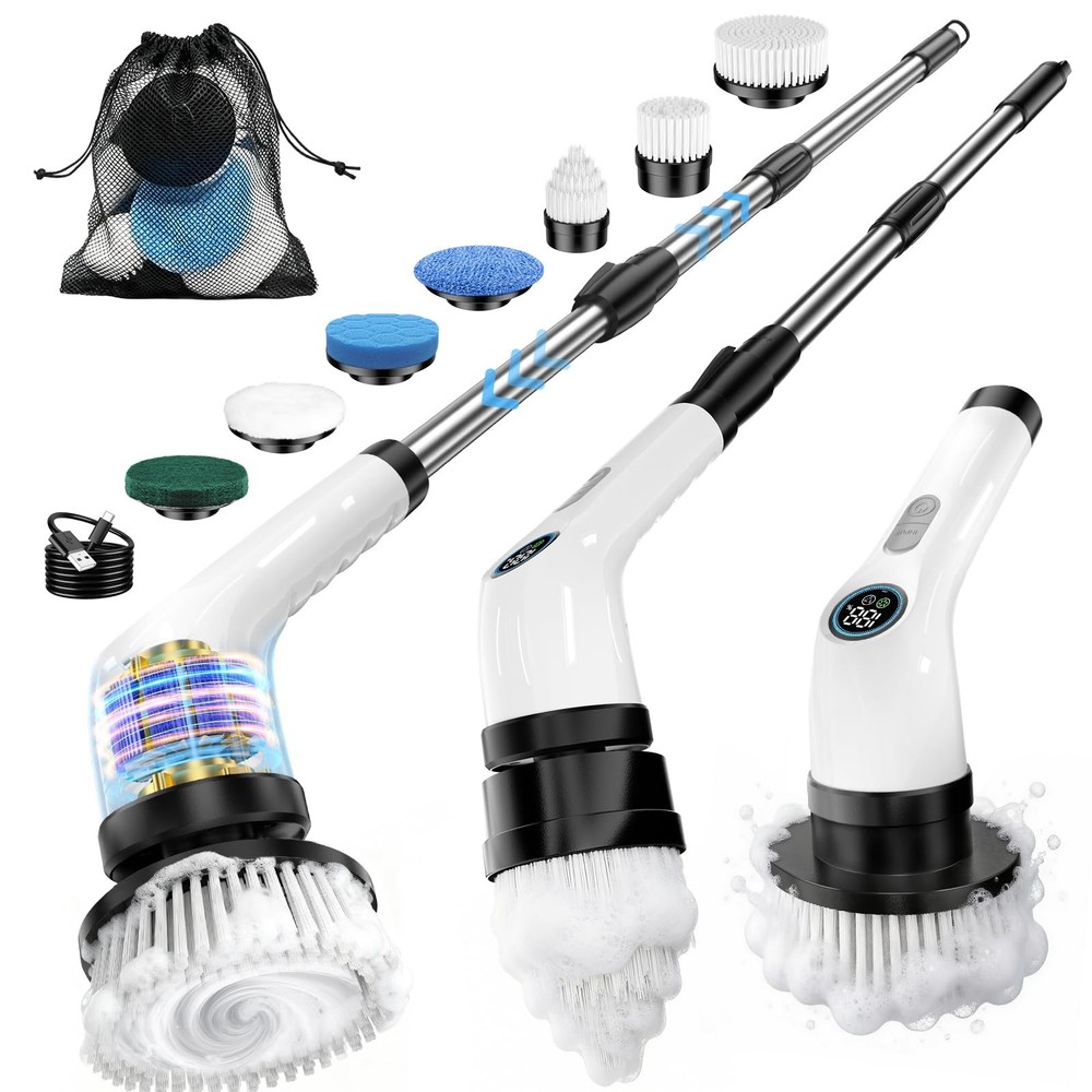 Electric Spin Scrubber, Rechargeable with 11 to 51 inches, Glossy White